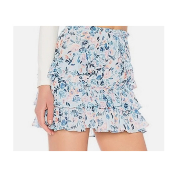Lovers + Friends Mini Skirt Medium Women Floral Print Ruffle Blue Pink Tiered - Picture 3 of 13